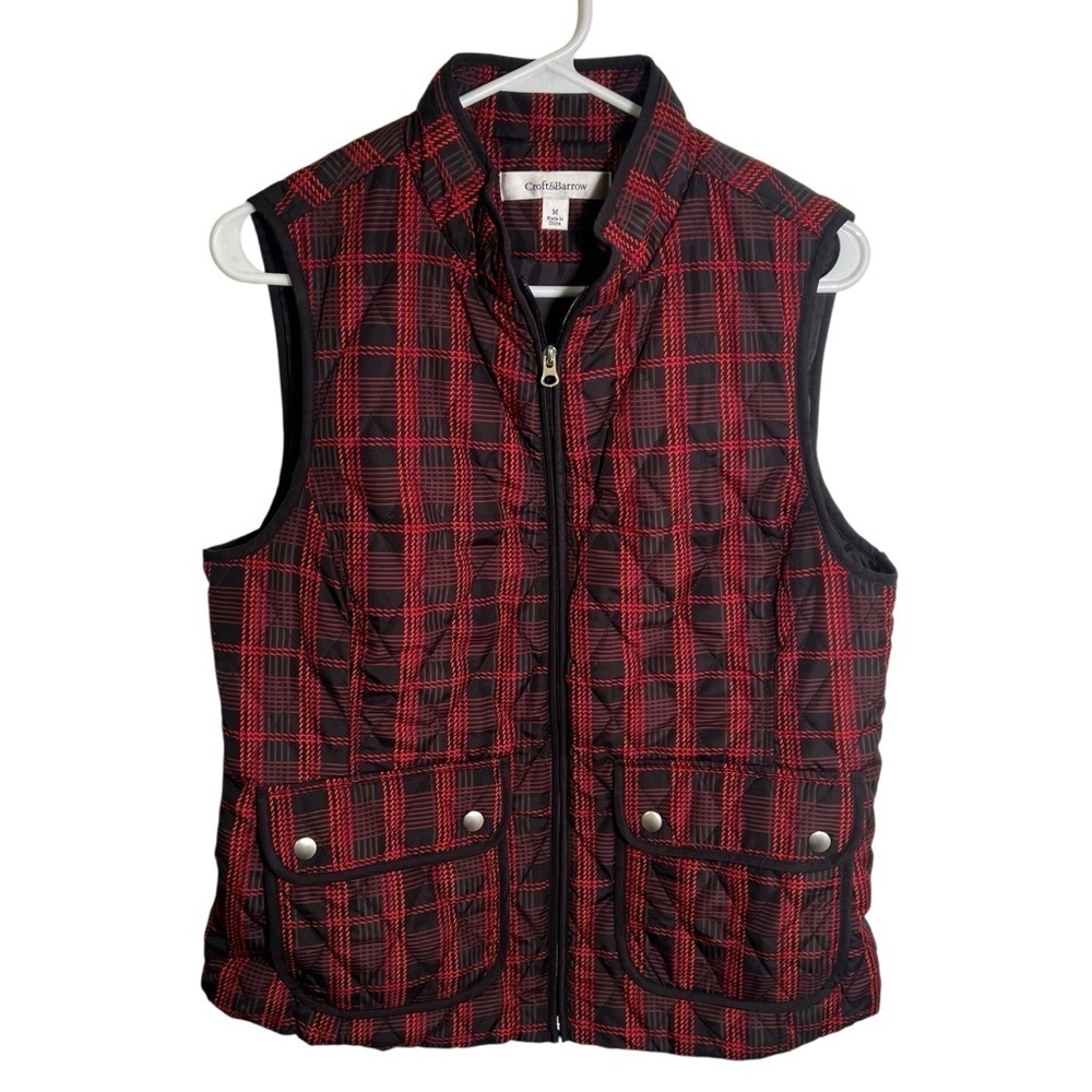 Croft & Barrow Womens Size Medium Sleeveless Puffer Vest Black Red Plaid Quilted